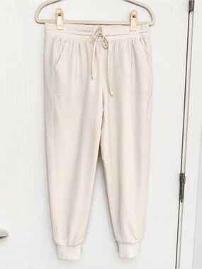 Rachel Zoe Women’s M White Stretch Jogger Pants Ribbed Cuff Travel Athleisure